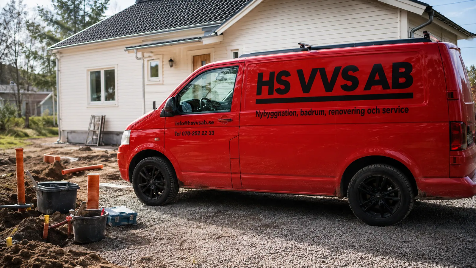 HS VVS AB:s servicebil vid ett pågående arbete vid en villa